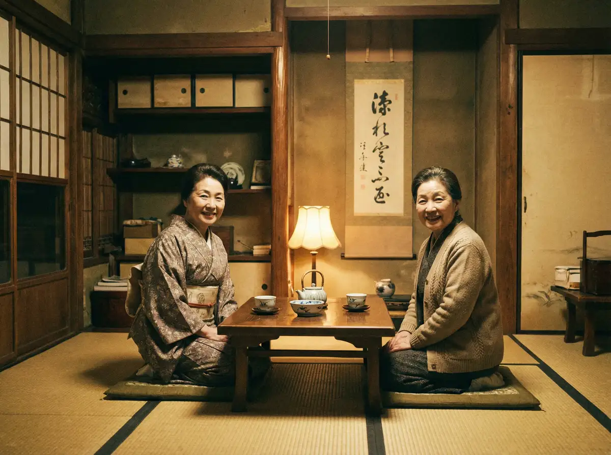 两位优雅的 色在线电影 在日式茶室中品茶交谈
